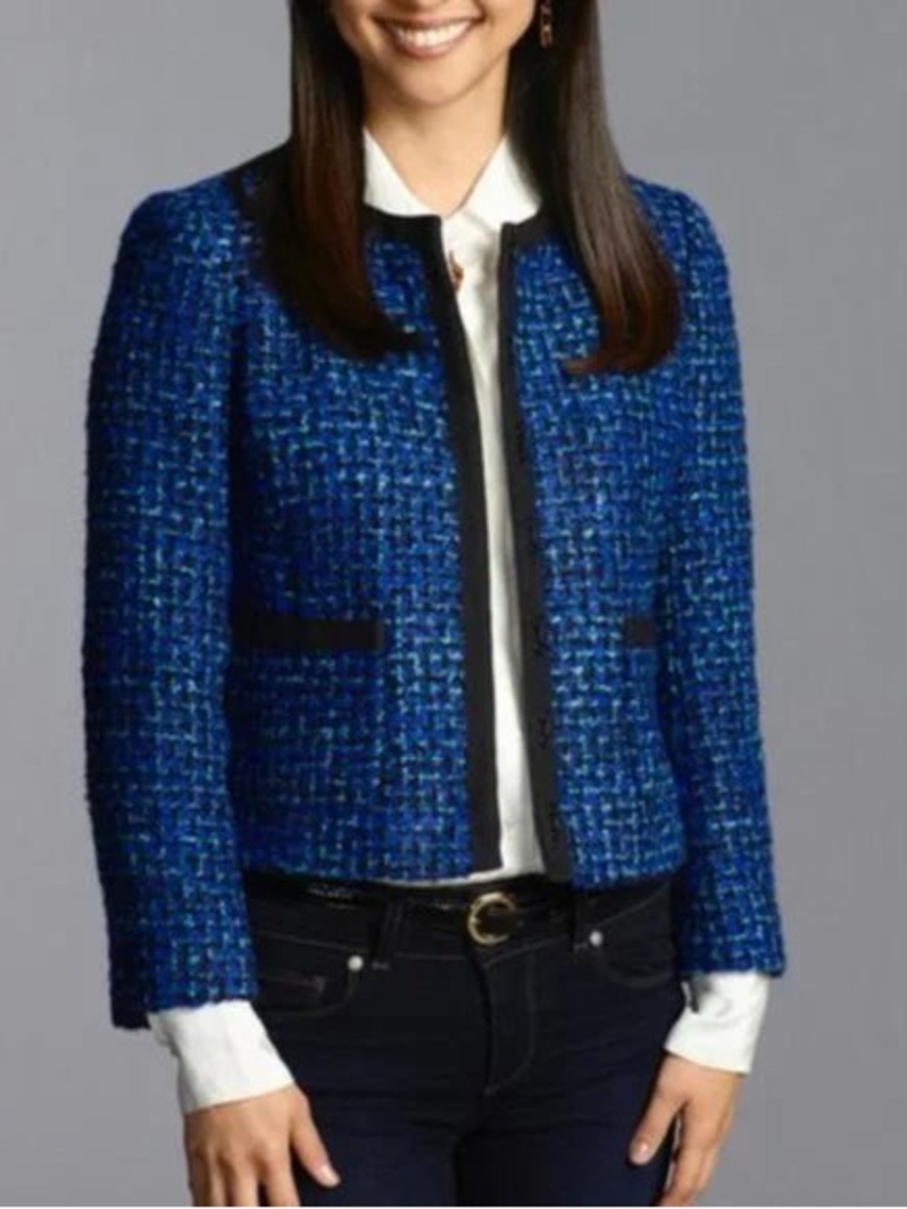 J. Crew Royal Blue Tweed Collarless Jacket with Black Trim
